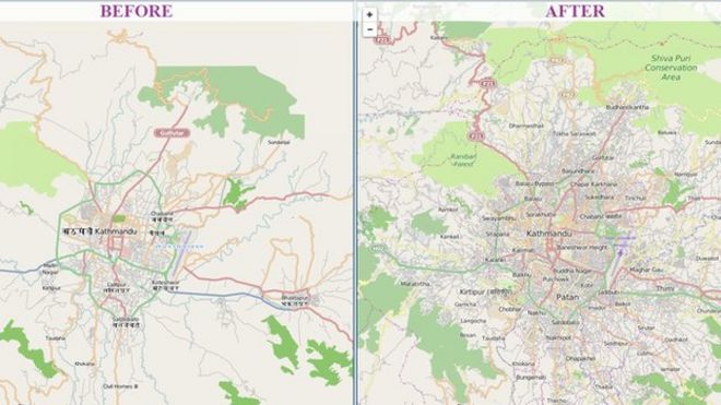 Before and after of Kathmandu area on OpenStreetMap from April 28 to 5 May