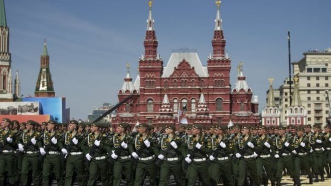 Russian soldiers march on Moscow's Red Square during a rehearsal for the Victory Day military parade. Photo: 7 May 2015