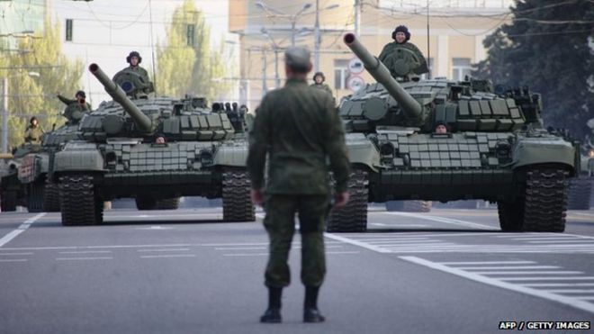 Armed pro-Russian rebels of the self-proclaimed Donetsk People"s Republic take part in rehearsal of a Victory day parade in Donetsk in 7 May 2015