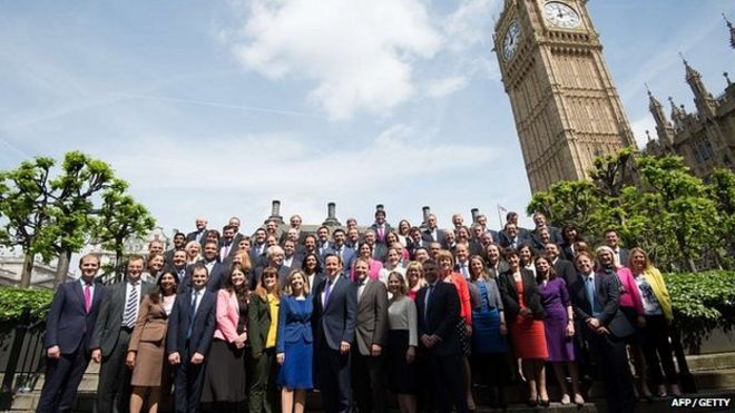 David Cameron and newly elected MPs pose inside the Palace of Westminster