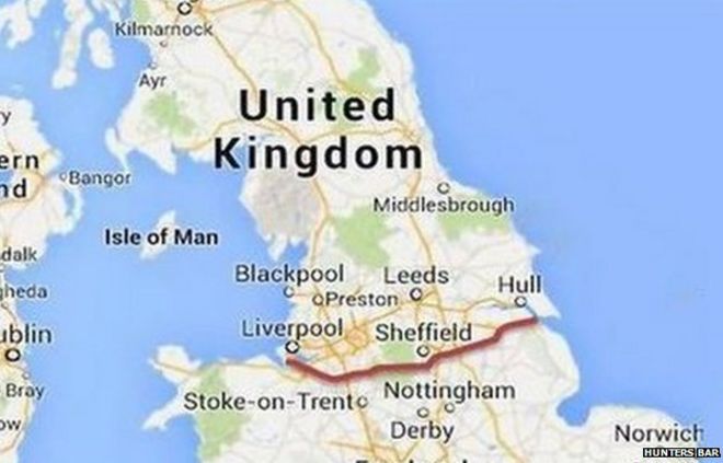 Map of the UK with a line drawn across it