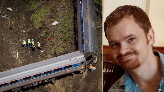 Amtrak engineer Brandon Bostian and the train wreckage