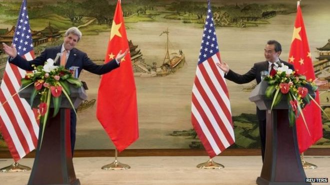 Chinese Foreign Minister Wang Yi and US Secretary of State John Kerry hold a joint news conference following meetings at the Ministry of Foreign Affairs in Beijing, China 16 May 2015