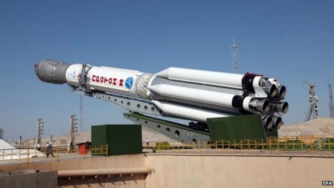 File photo: A Proton-M launch vehicle with three Glonass-M satellites onboard while being mounted on its launch pad at Baikonur cosmodrome, Kazakhstan, 28 June 2013