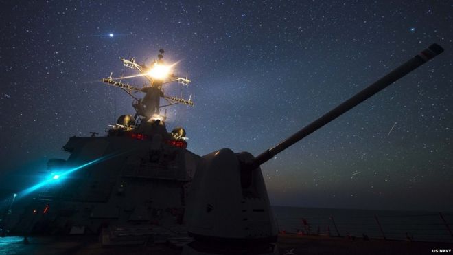 The Pentagon says the USS Ross is travelling international waters