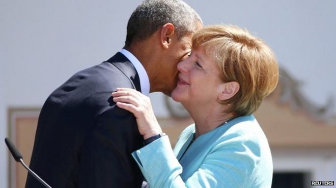 President Obama and German Chancellor Angela Merkel at the start of the G7 summit, 7 June 2015