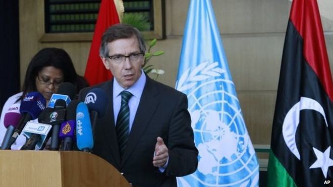 UN special envoy Bernardino Leon at talks in Skhirat, Morocco.</body></html>