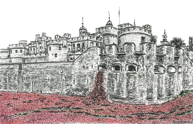 Stephen Wiltshire's drawing of the 2014 exhibition of ceramic poppies at the Tower of London