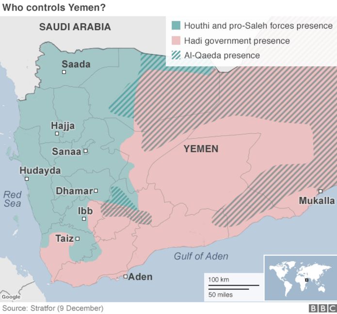 Map of Yemen showing presence of rebel, government and al-Qaeda forces