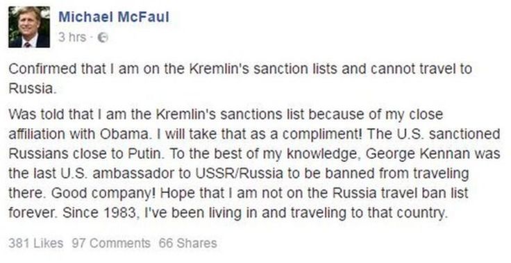 A Facebook post by former US ambassador to Russia Michael McFaul