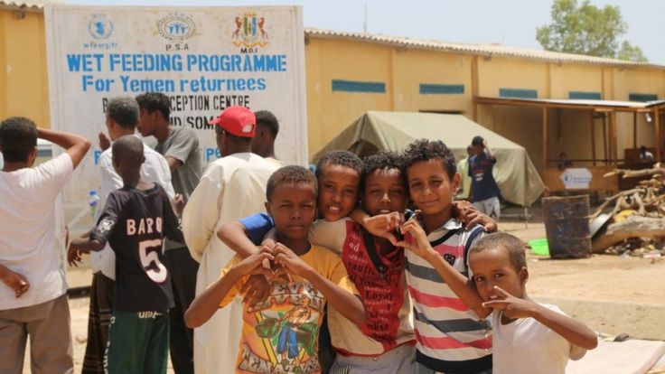 Children at feeding programme for Yemen returnees in Bossasso, Somalia