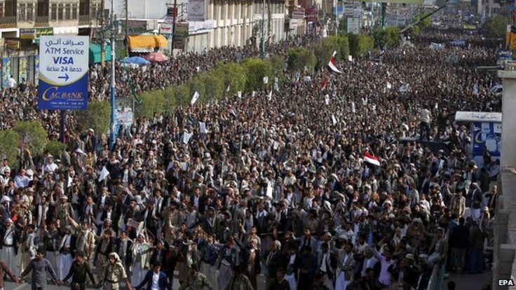 Houthi supporters flood the streets during a rally in Sanaa, Yemen on 27 April 2015
