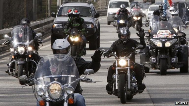 Participants of a bike ride, commemorating the 70th anniversary of the victory over Nazi Germany in World War Two