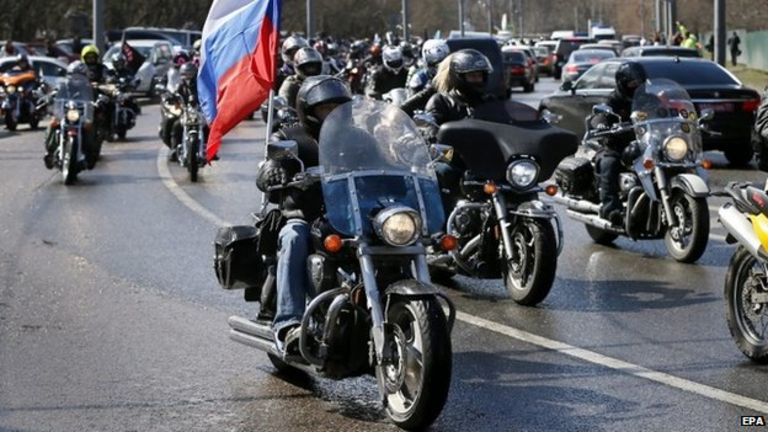 Pro-Vladimir Putin bikers attend a motocross in honour of the 70th anniversary of the Victory over Nazi Germany in the World War II, in Moscow (25 April 20145)