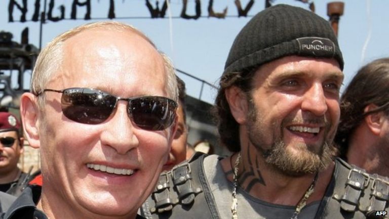 Vladimir Putin (L), with Alexander Zaldostanov (R), nicknamed "the Surgeon", the leader of the group of Russian bikers called the Night Wolves (July 2010)