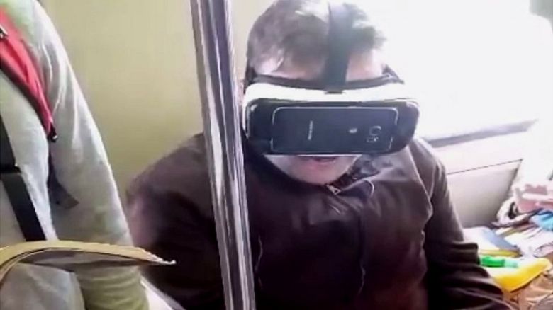 VR gamer on Boston train
