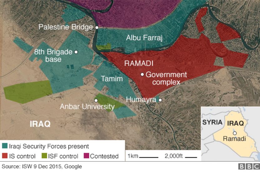 Map of Ramadi showing control by Islamic State militants