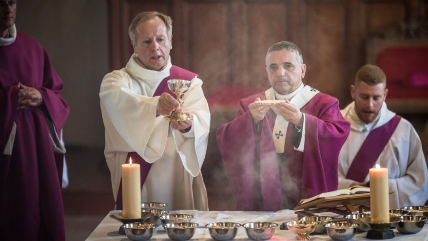 Archbishop of Rouen Dominique Lebrun leads a Mass celebrated for re-opening of Saint Etienne church in Saint-Etienne-du-Rouvray. 2 October 2016