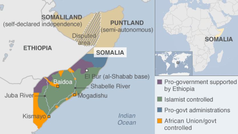 map showing who controls which parts of Somalia