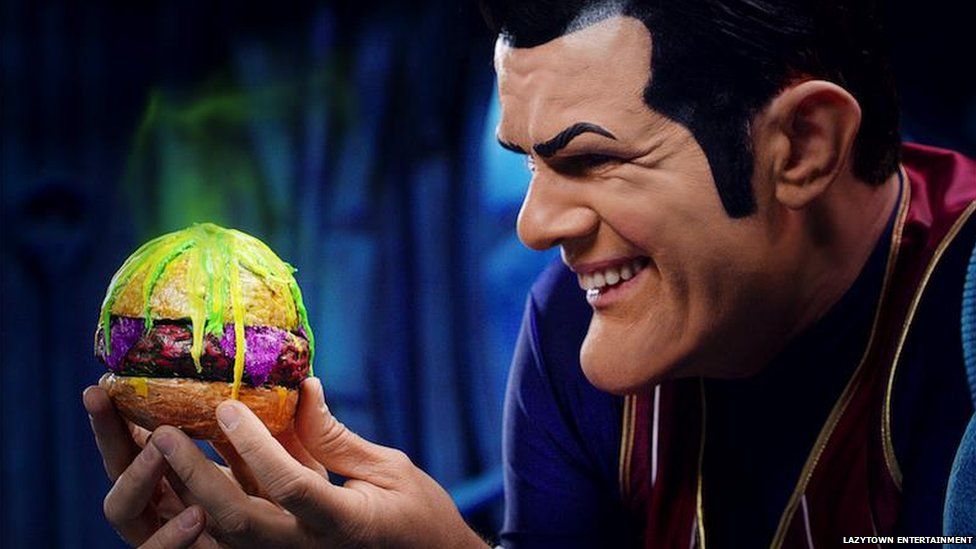 Robbie Rotten looking at a burger
