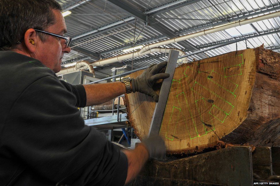 Wood being cut with a laser