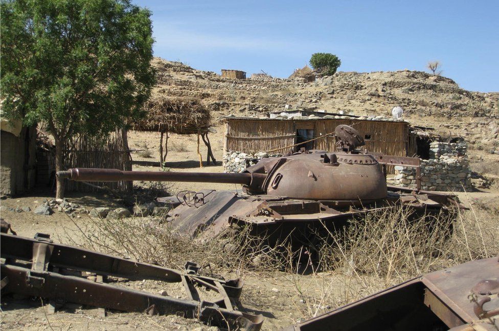 Destroyed tank in the countryside
