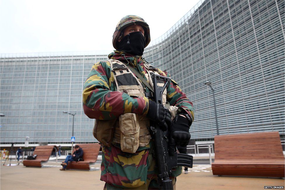 Soldier outside European Commission headquarters in Brussels