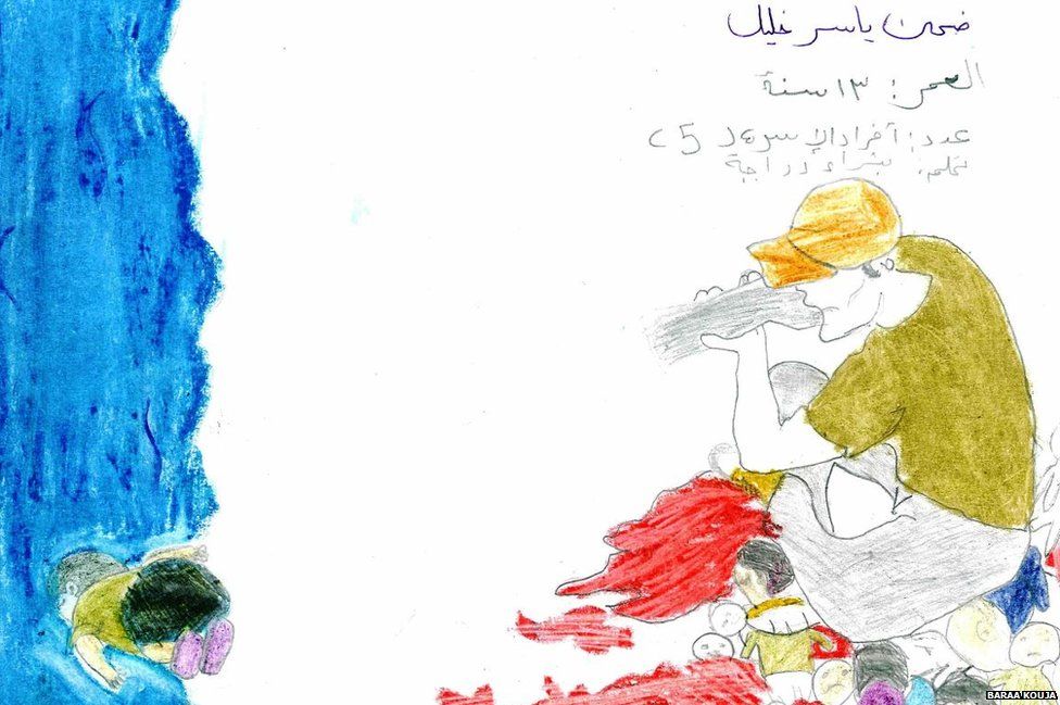 A drawing showing the drowning of Alan Kurdi