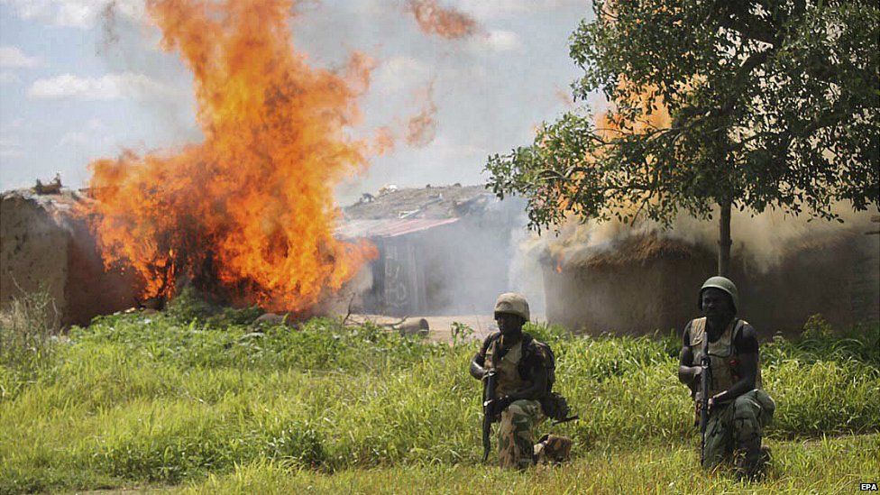Nigerian soldiers clearing Boko Haram camps at in Borno State, Nigeria - 30 July 2015