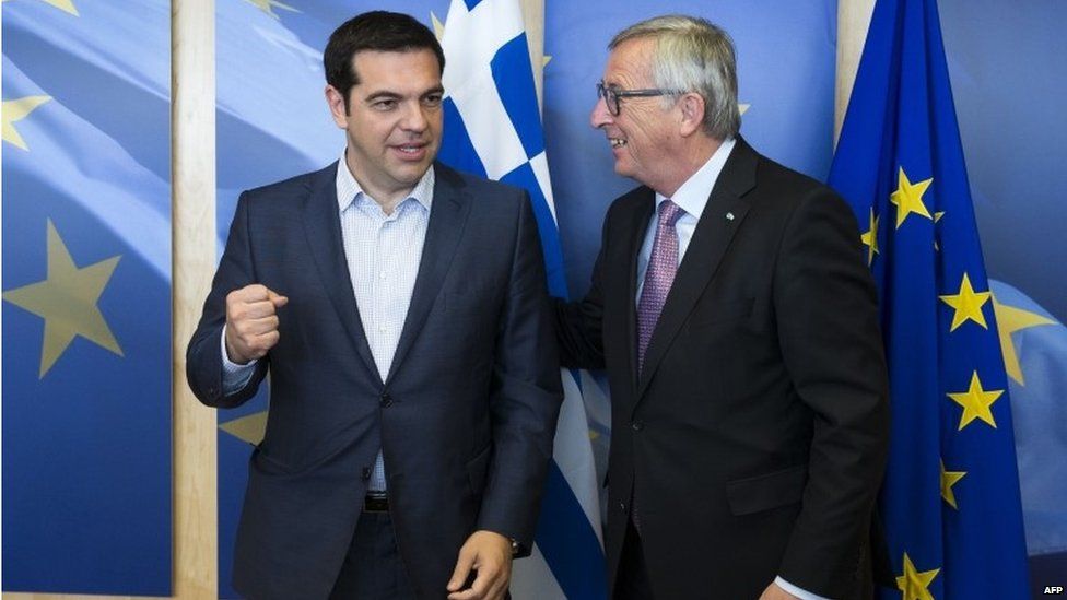 Greek Prime Minister Alexis Tsipras is welcomed by European Commission President Jean-Claude Juncker. 24 June 2015