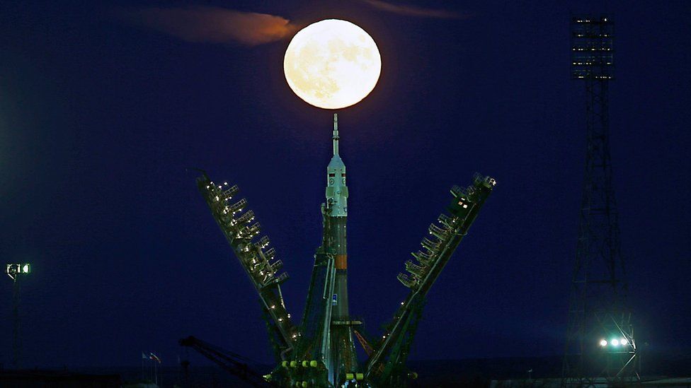 The Moon, or supermoon, rising behind the Soyuz MS-03 spacecraft at the launch pad at the Russian-leased Baikonur cosmodrome in Kazakhstan 14 November 2016