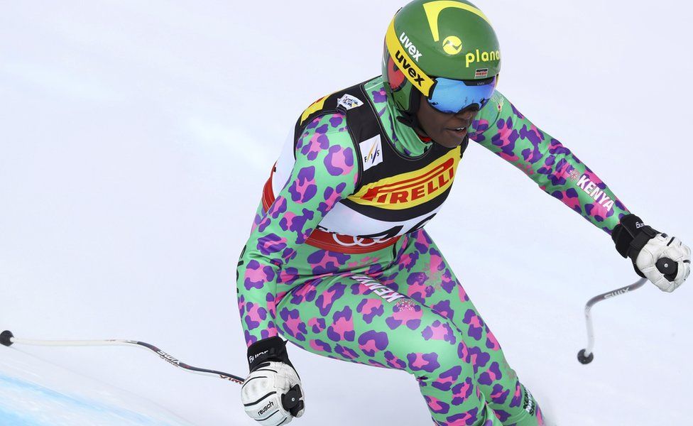Kenyan athlete Sabrina Simader skiing down a slope in St Moritz, Switzerland - Tuesday 7 February 2017