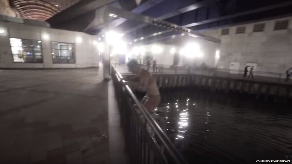 Rikke and a friend jumped into Middle Dock at London's Canary Wharf