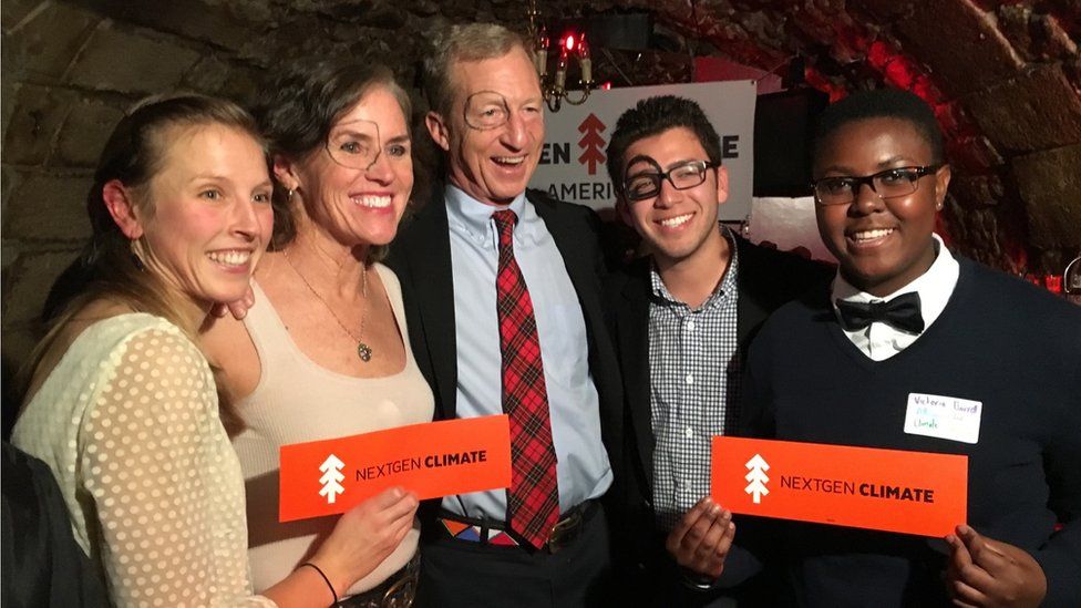 Victoria (right) with billionaire climate change activist Tom Steyer (centre)