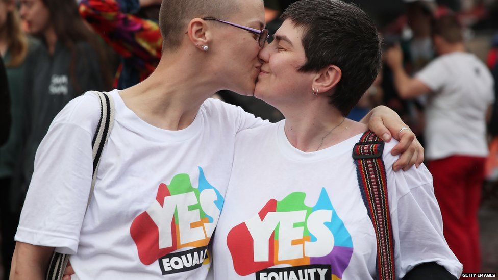 People celebrate as same sex marriage has been legalised in Australia