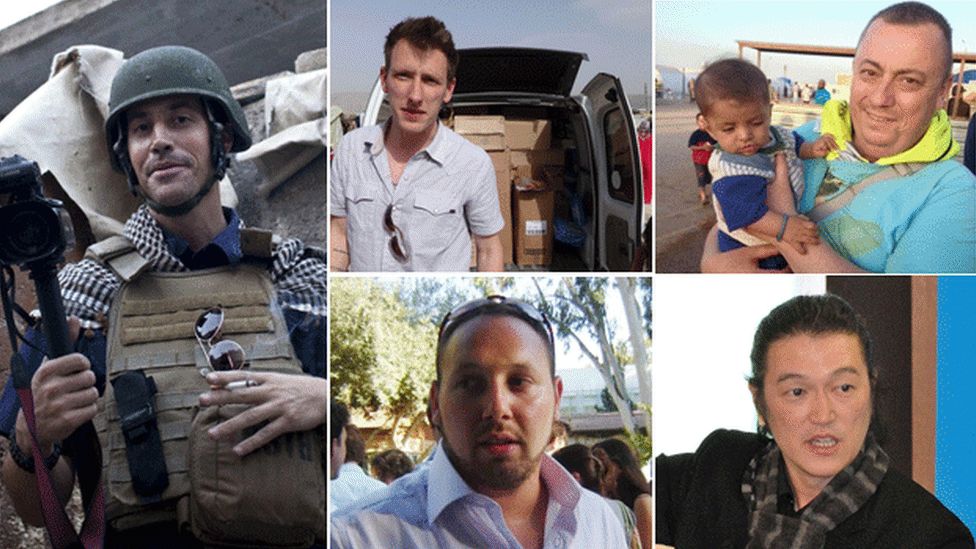 (Clockwise from left) James Foley, Abdul-Rahman (Peter) Kassig, Alan Henning, Kenji Goto and Steven Sotloff
