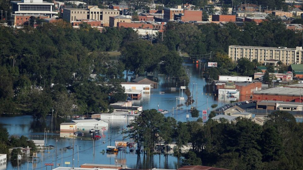An aerial view shows flood waters after Hurricane Matthew in Lumberton, North Carolina October 10, 2016.