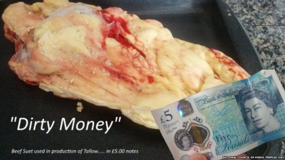 A picture of beef suet and a new fiver saying "dirty money"