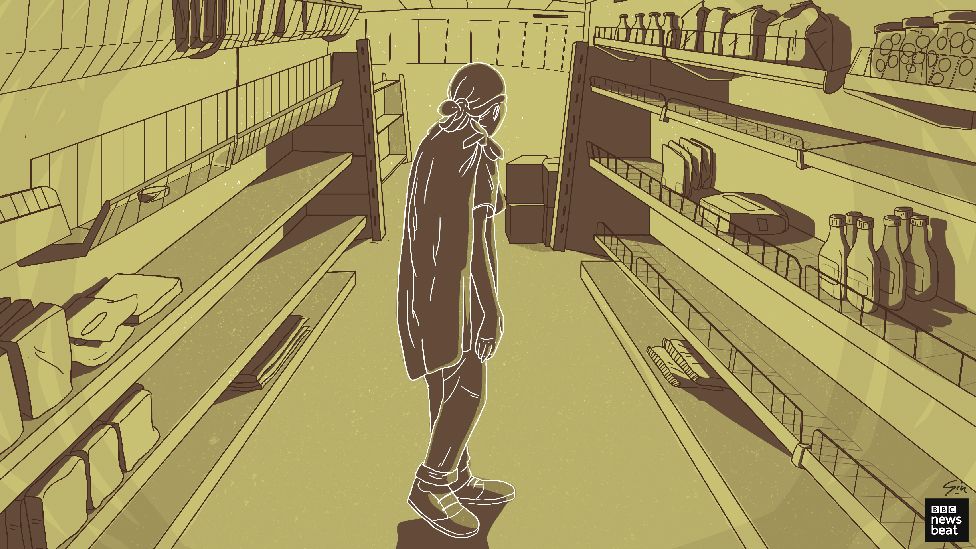 Illustration of a girl in a shop with bare shelves