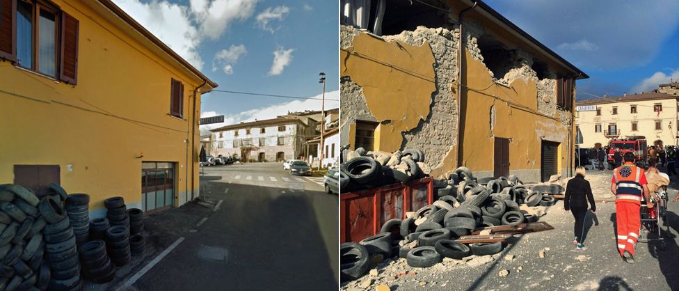 A building in the centre of Accumoli before and after the earthquake - 24 August 2016