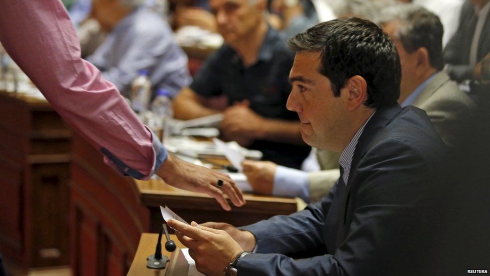 Alexis Tsipras at a Syriza party meeting, 10 July