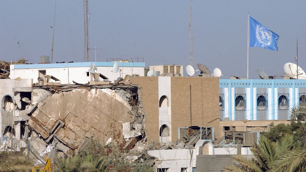 A portion of the destroyed UN headquarters at the Canal hotel is shown August 19, 2003 in Baghdad, Iraq. A huge truck bomb ripped through the building killing at least 15 and wounding dozens.