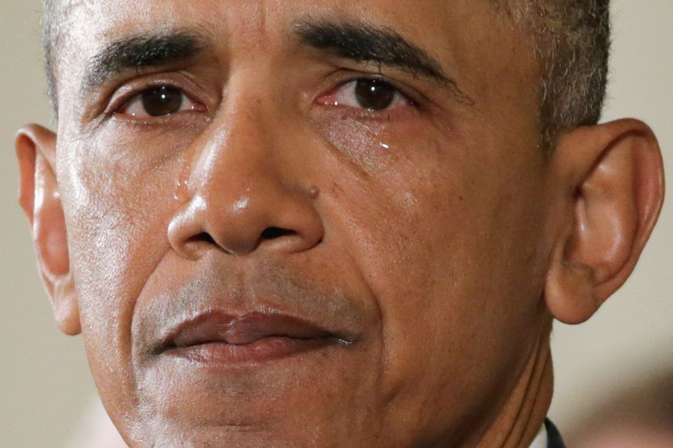 With tears running down his cheeks, US President Barack Obama talks about the victims of the 2012 Sandy Hook Elementary School shooting and about his efforts to increase federal gun control in the East Room of the White House, 5 January 2016.