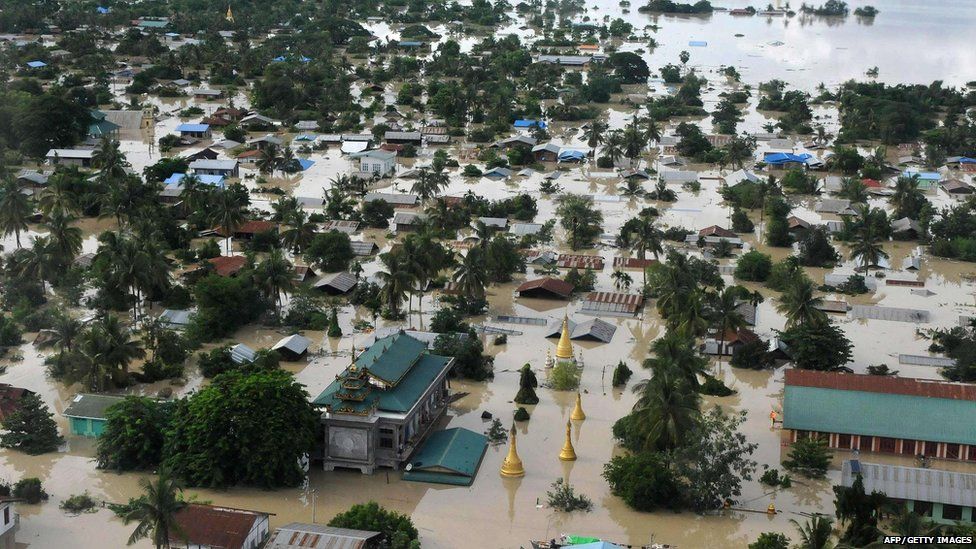An aerial view shows the flooded area of Kalay, Sagaing Region, Upper Myanmar on August 1, 2015.