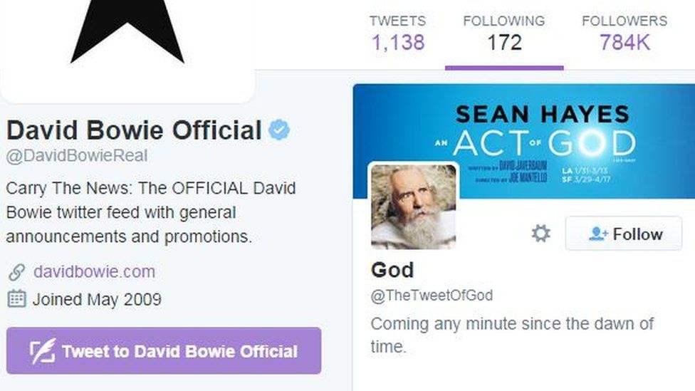 Screenshot showing David Bowie following God on Twitter