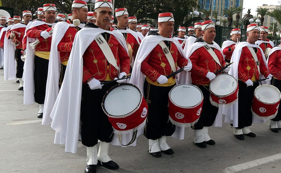 Tunisian Republican Guard members with drums and other instruments in a square in Tunis, Tunisia - Monday 6 February 2017