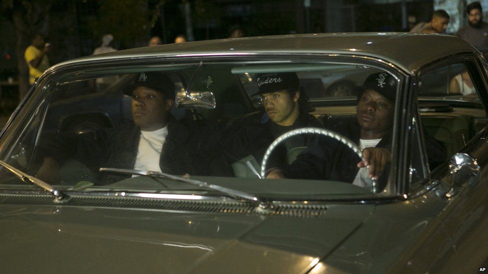 Corey Hawkins, from left, as Dr Dre, O’Shea Jackson Jr. as Ice Cube, and Jason Mitchell as Eazy-E
