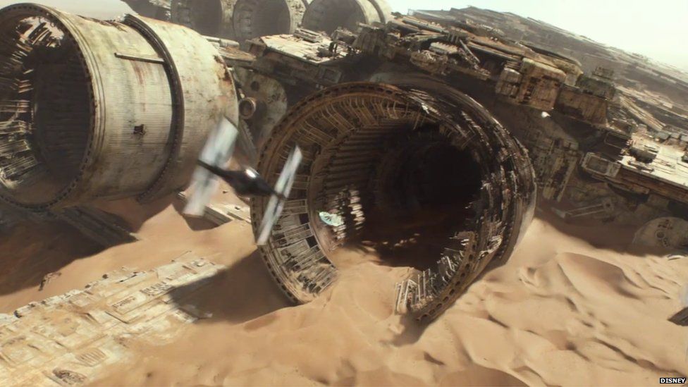 Millennium Falcon and a TIE Fighter