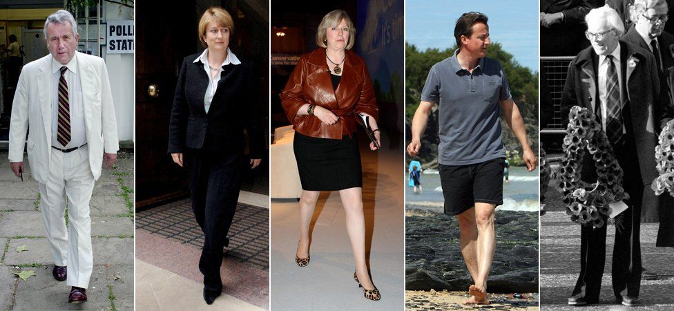 From left to right: Martin Bell, Jacqui Smith, Theresa May, David Cameron, Michael Foot