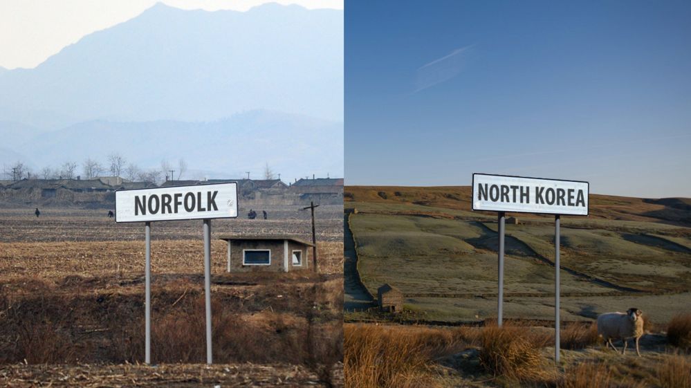 Signs saying Norfolk and North Korea on a hillside
